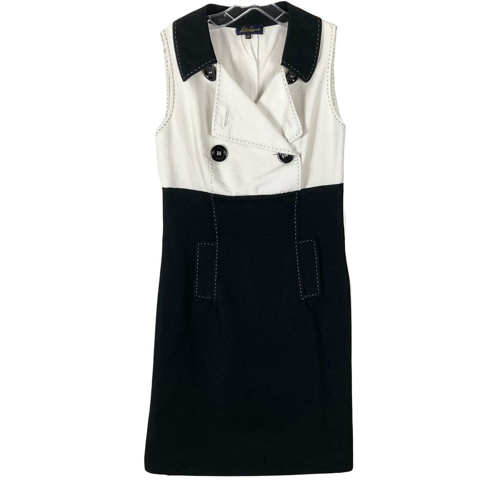 NWOT LUISA SPAGNOLI Dress 44~M White Black Stitch Colorblock Linen 4-Bttn Pocket